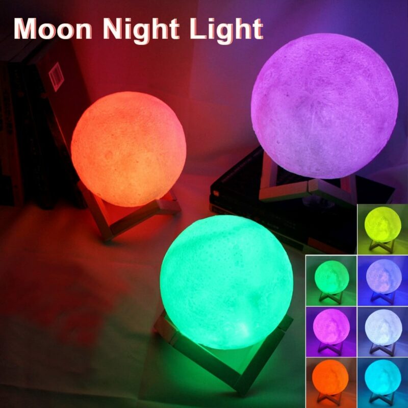 8cm Moon Lamp LED Night Light Battery Powered With Stand Starry Lamp Bedroom Decor Night Lights 1